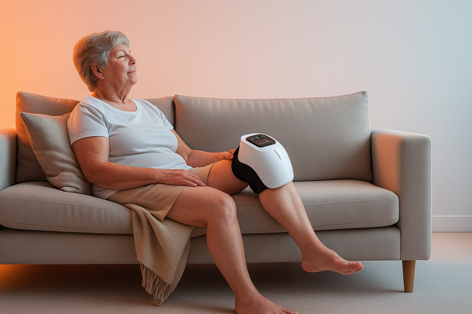 Woman sitting on a couch using a leg massager.